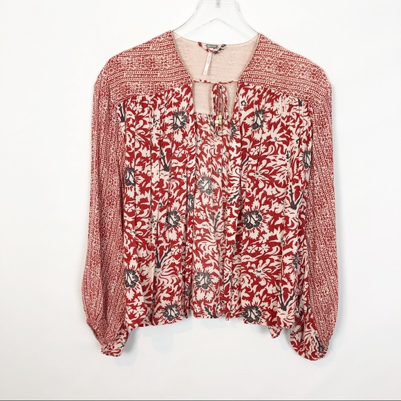 Free People Block Print Tie Neck Topper Cardigan M - Picture 1 of 8